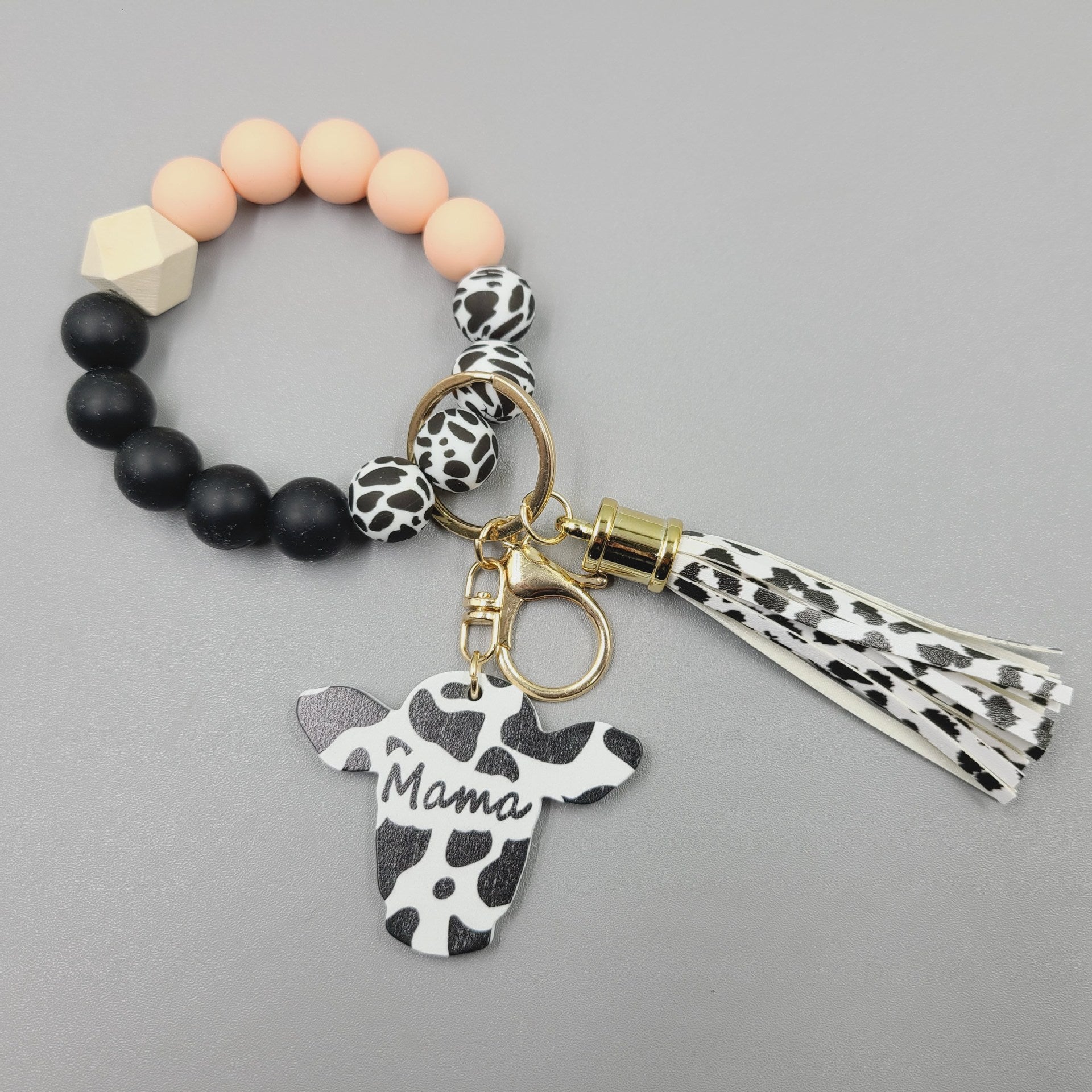 Wholesale Western Style Wood Chips MAMA Bull Head Silicone Beads Bracelet Keychain